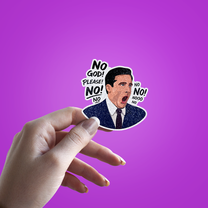 No God! Please No Glitter Sticker - hand mockup
