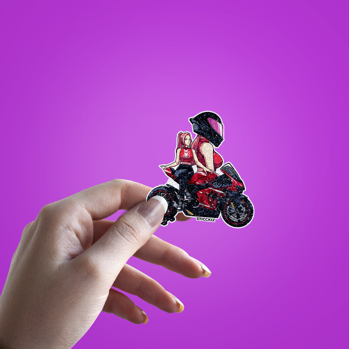 Biker Girl Glitter Sticker - hand mockup