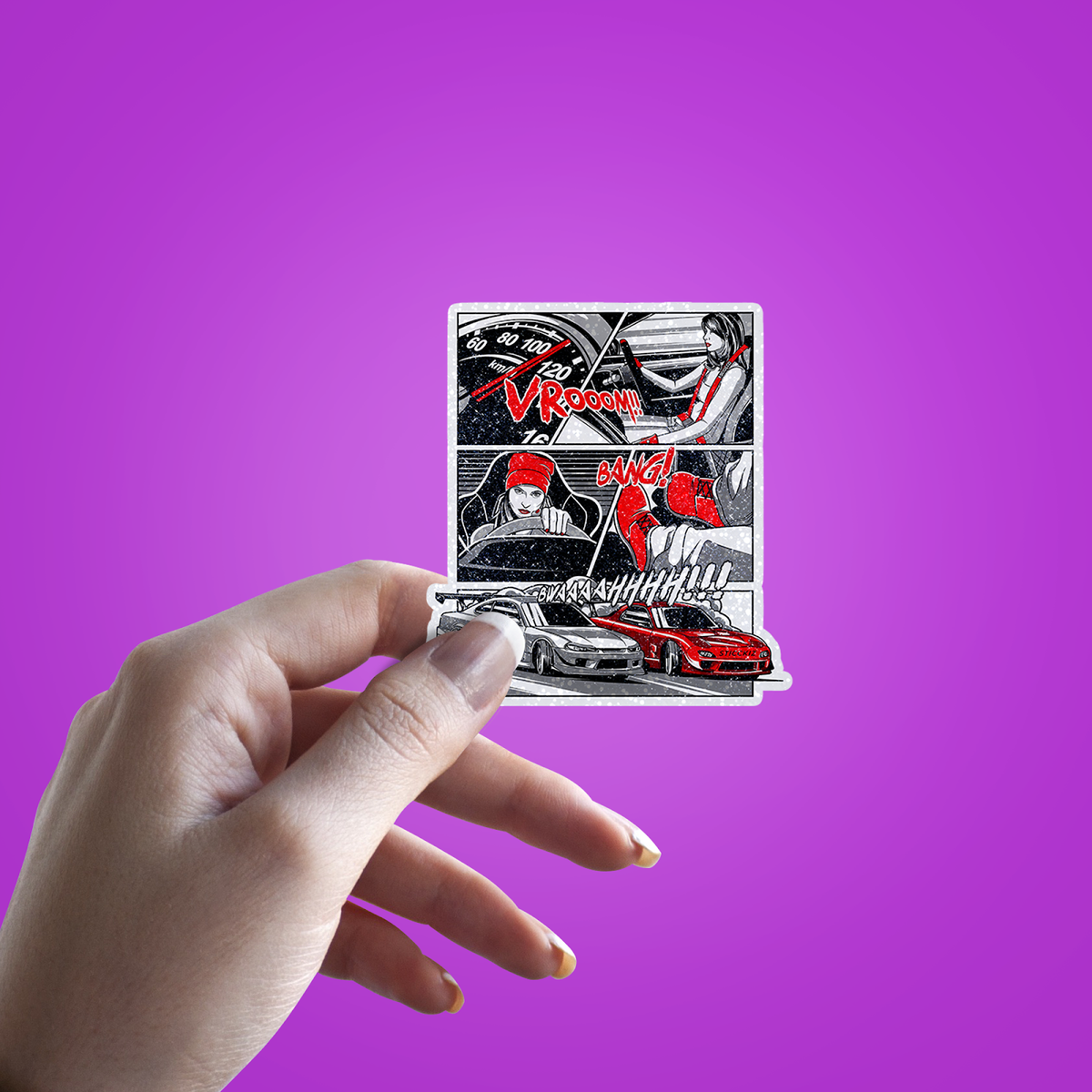 Vroooom Banggg Glitter Sticker - hand mockup