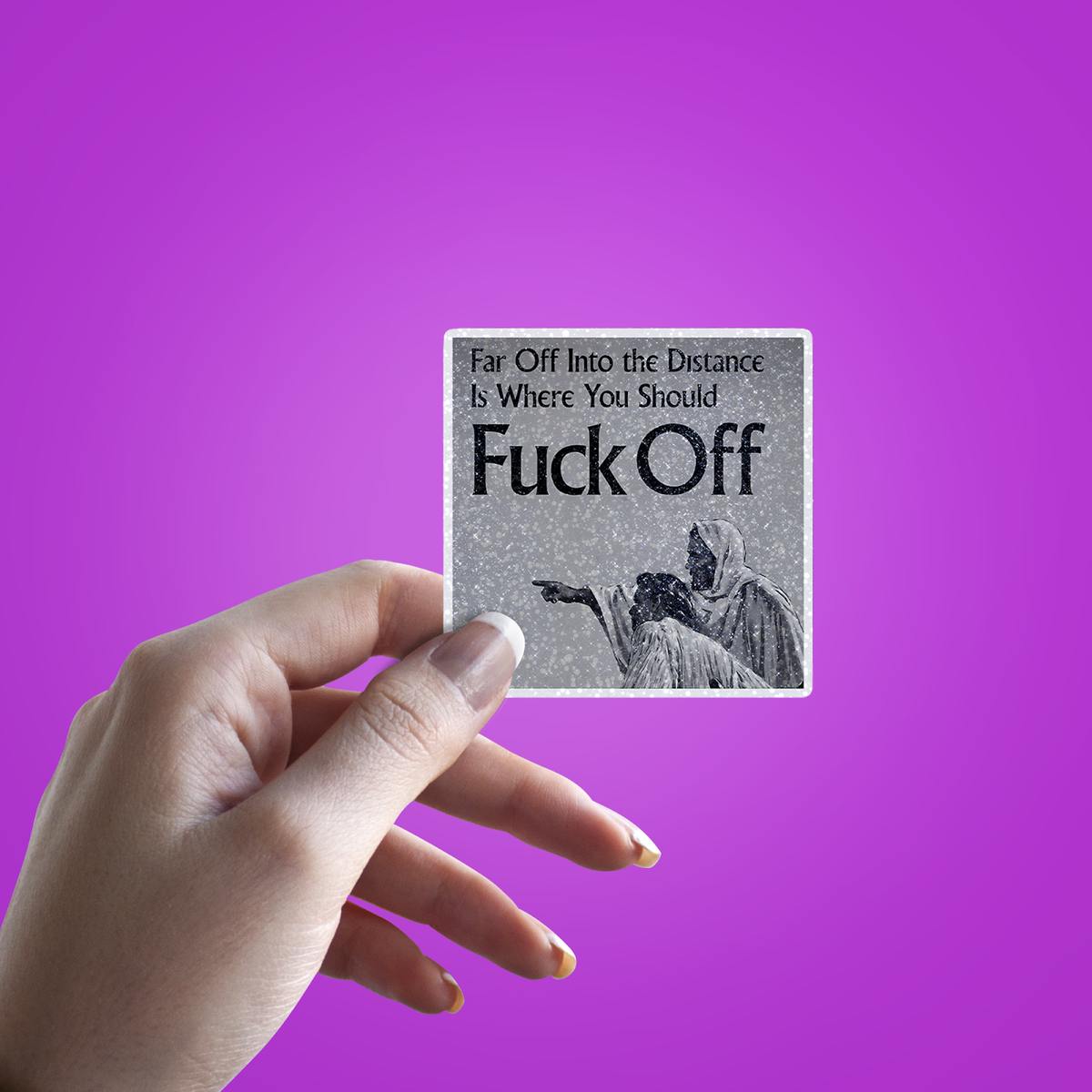 Far Off Where you Glitter Sticker - hand mockup