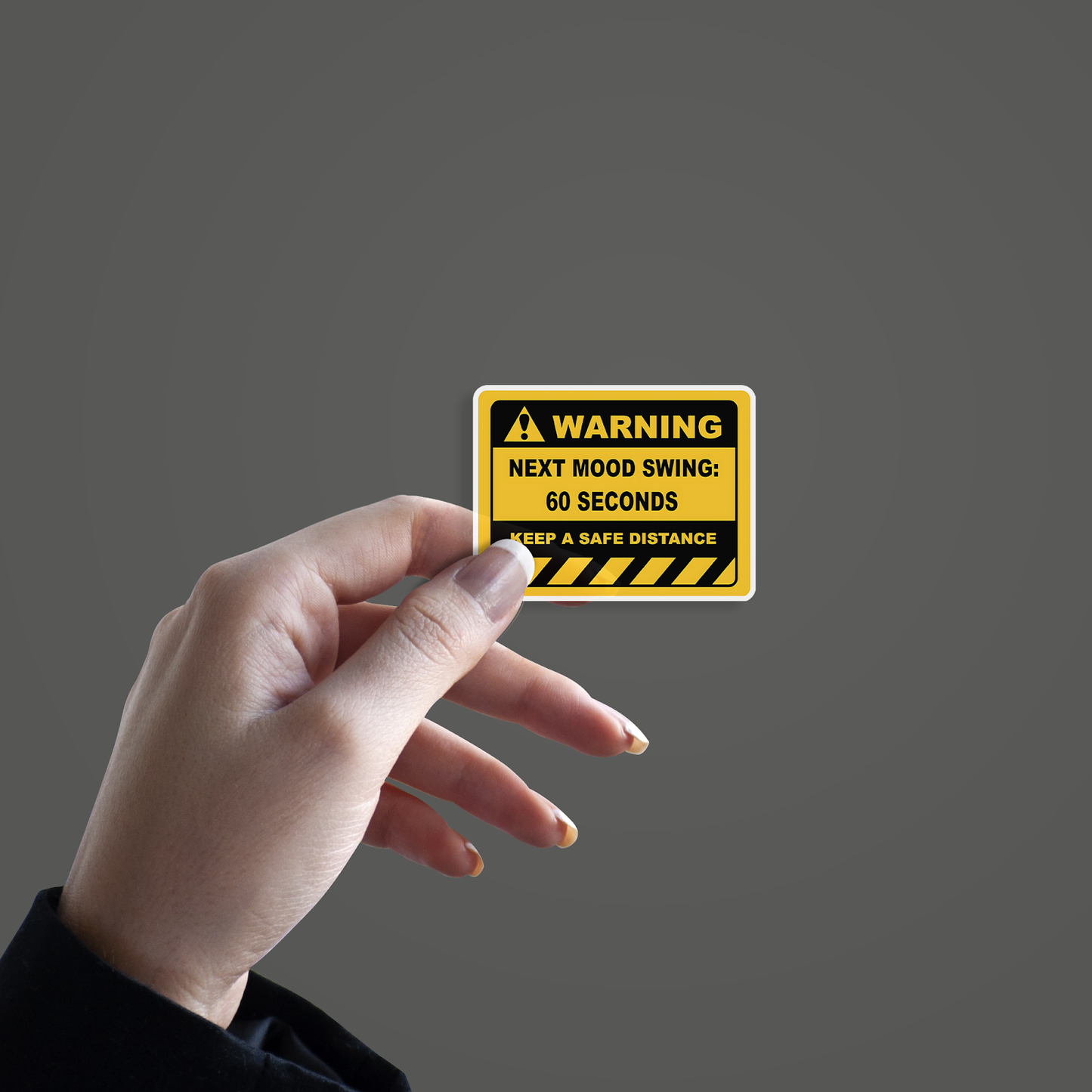 Warning Next Mood Swing Sticker hand mockup