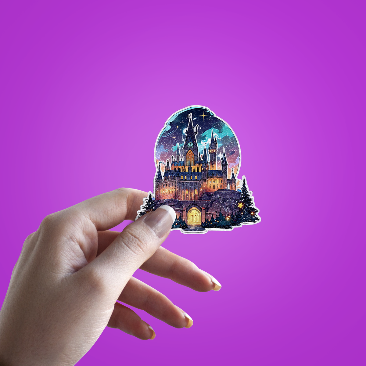 Magical Christmas Castle Glitter Sticker - hand mockup