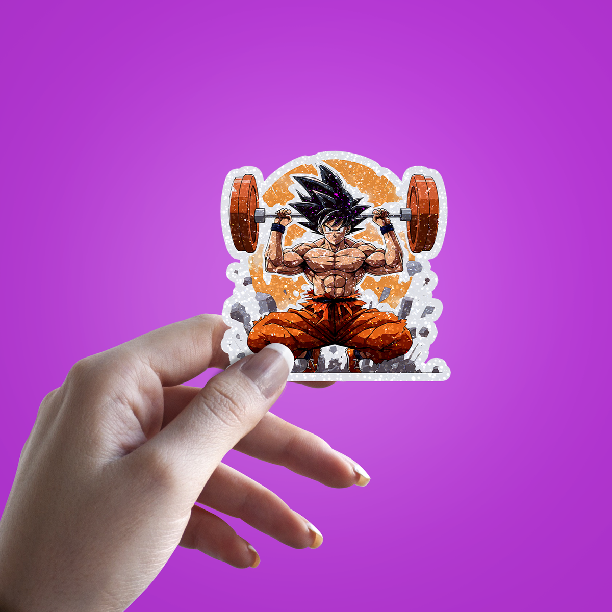 Goku Training Anime Glitter Sticker - hand mockup