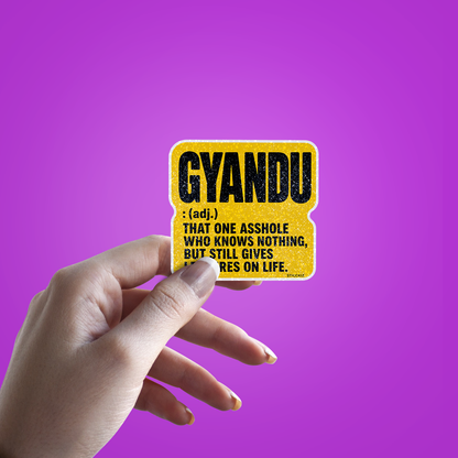 Gyandu meaning Glitter Sticker - hand mockup