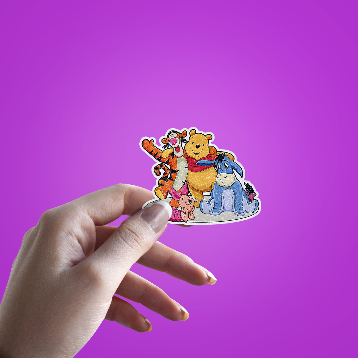 Friend Squad Glitter Sticker - hand mockup