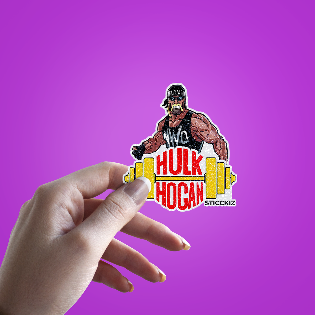 Hulk Hogan Glitter Sticker - hand mockup
