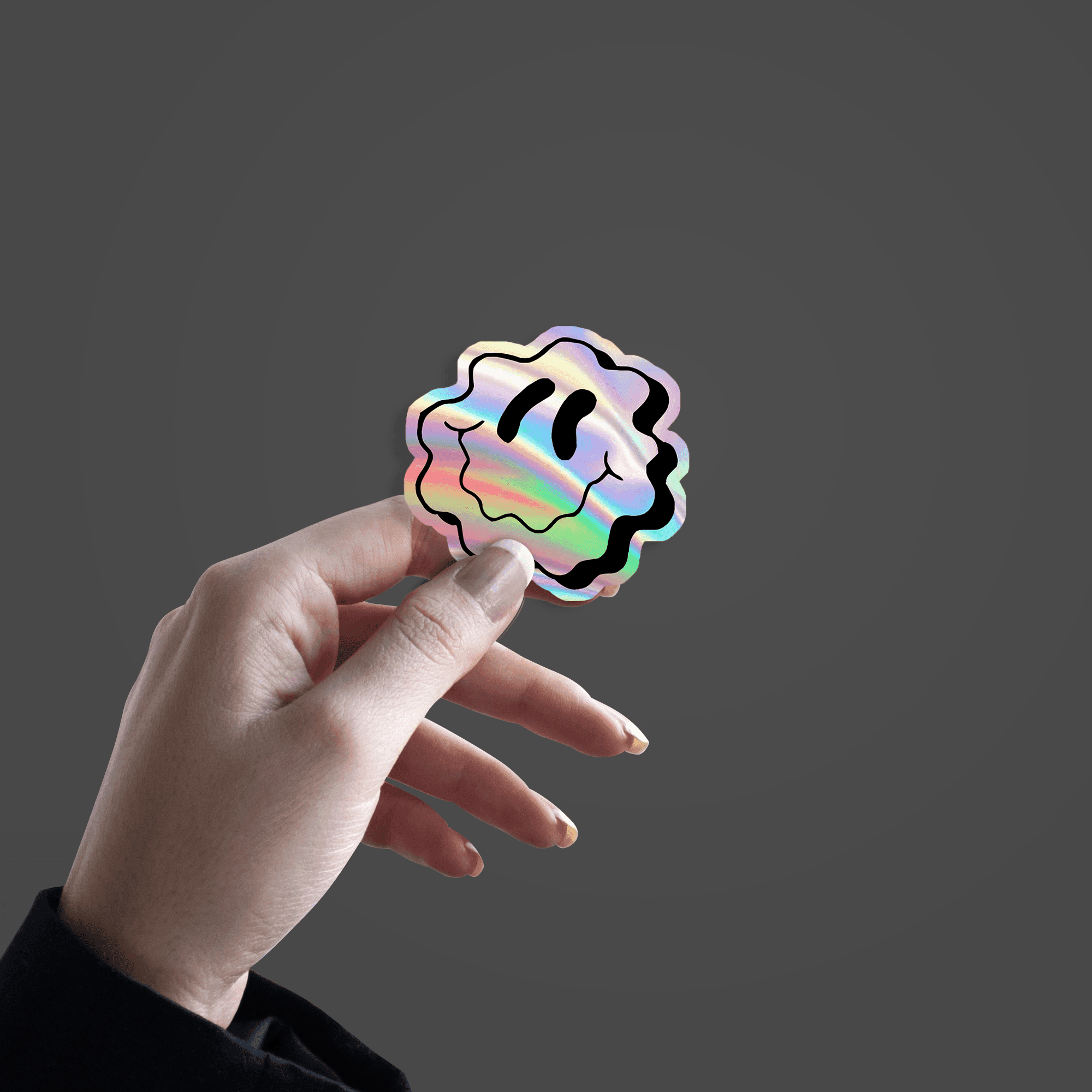 Curved Face Smiley Emoji Holographic Sticker - sticckiz.com