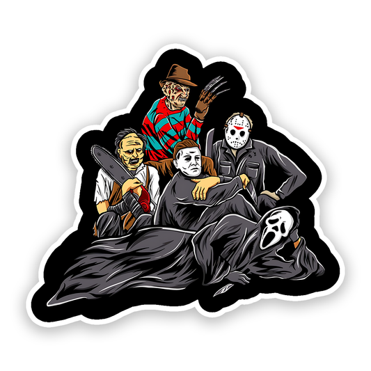 horror movie characters like Freddy Krueger, Jason Voorhees, and Michael Myers Sticker