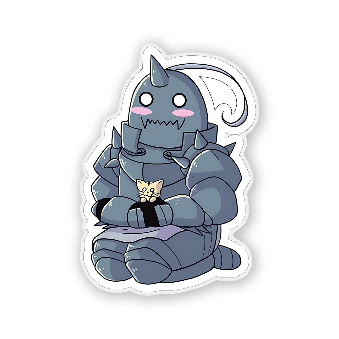 Chibi-style Alphonse Elric from Fullmetal Alchemist holding a small cat Sticker