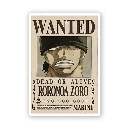Roronoa Zoro from the anime and manga series One Piece Wanted Sticker