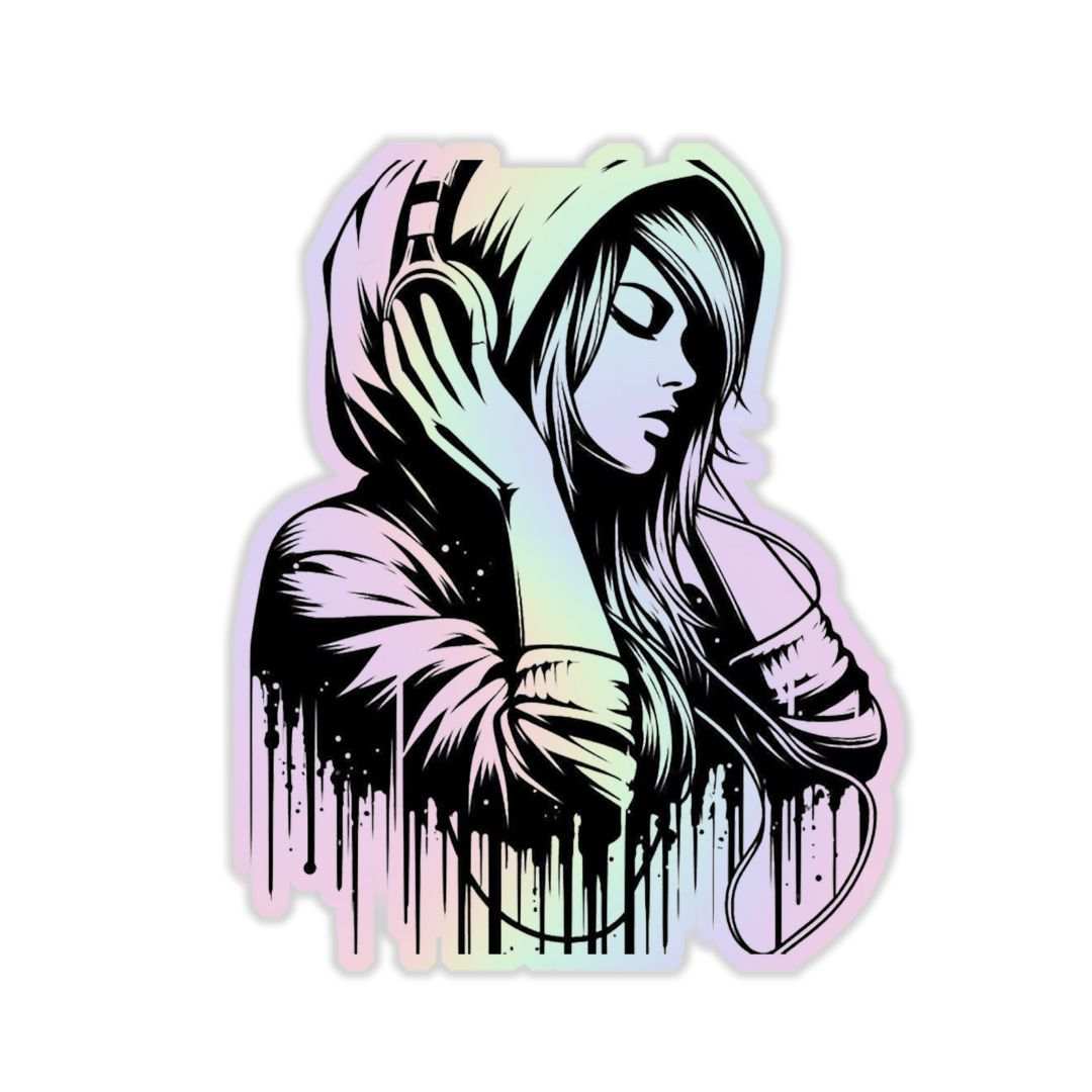 Girl Listening Music Holographic Sticker - sticckiz.com