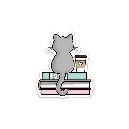 Cat Books And Coffee Sticker - sticckiz.com