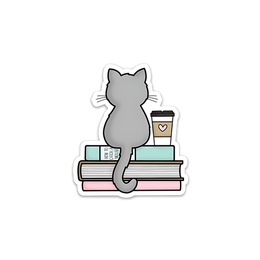 Cat Books And Coffee Sticker - sticckiz.com