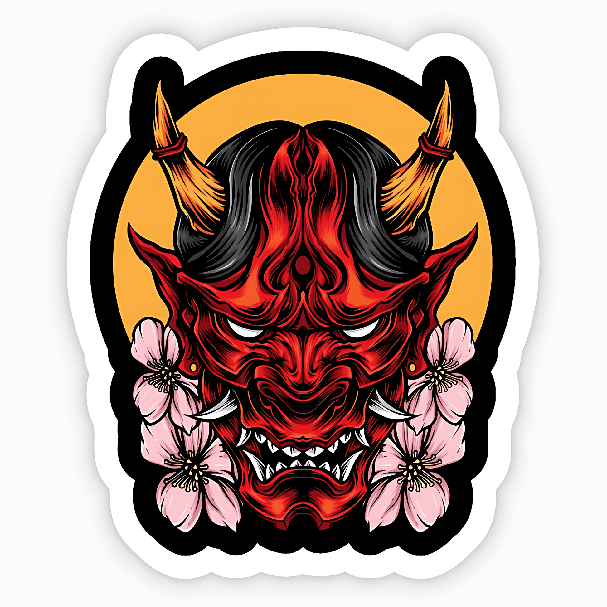 Demon Oni Mask With Sakura Vector Sticker - sticckiz.com