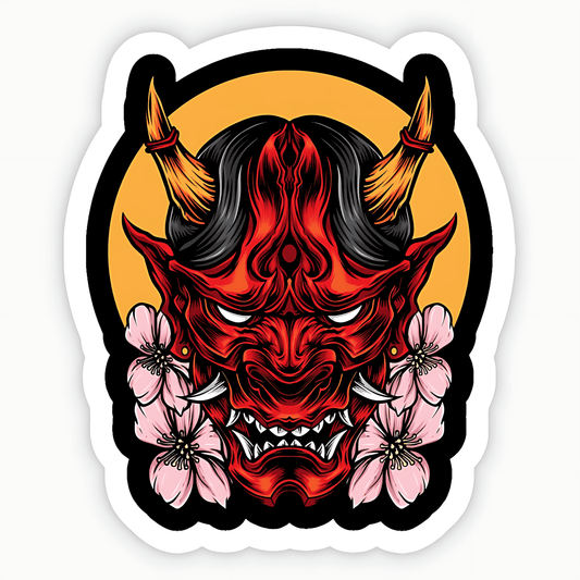 Demon Oni Mask With Sakura Vector Sticker - sticckiz.com