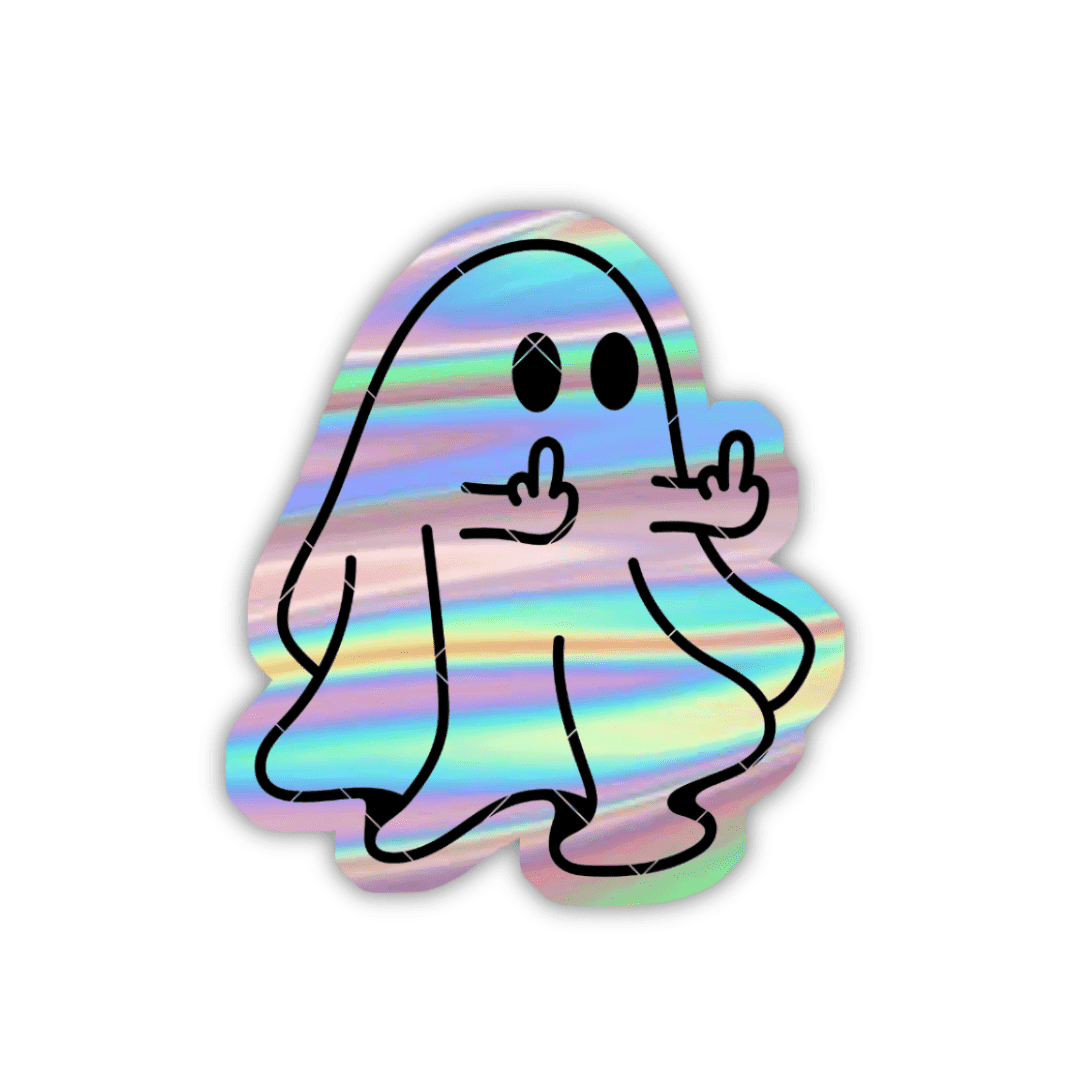 Cute Ghost Showing fuck Sign Holographic Sticker - sticckiz.com