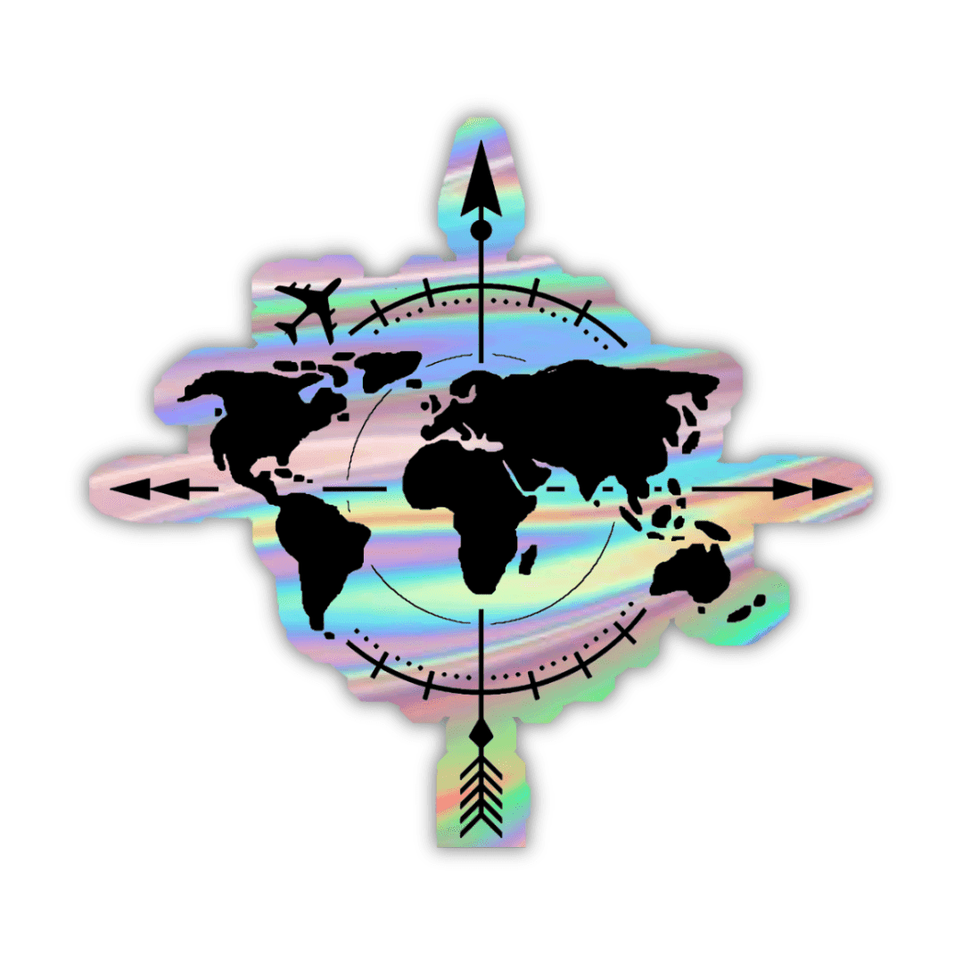 Compass on World Map Holographic Sticker - sticckiz.com
