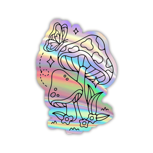 Aesthetic Mashrooms and Butterfly Holographic Sticker - sticckiz.com